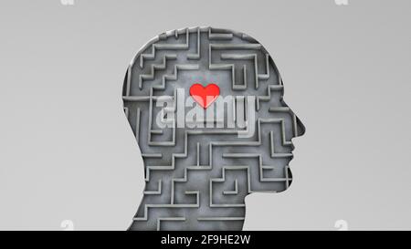Human head and inside a maze with a red heart. Love search concept. 3d render. Stock Photo