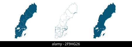 Set of political maps of Sweden with regions and flag map isolated on white Stock Vector