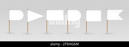 Toothpick flags, white banners of different shapes on wooden pointed sticks. Oval, triangular, rectangular and double edge pennants isolated on transparent background, Realistic 3d vector icons set Stock Vector