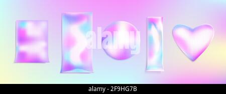 Holographic packages or stickers, packs of different shapes or patches made of iridescent paper or foil. Hologram round, heart, stripe and rectangular blank mock up, isolated Realistic 3d vector set Stock Vector