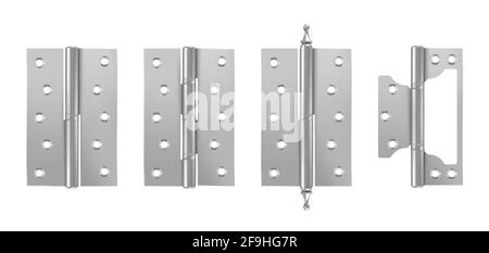 Metal door hinges, silver construction hardware isolated on white background. Vector realistic set of iron tools for joint gates and windows. 3d steel hinges for house and furniture Stock Vector