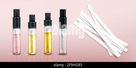 Perfume tester glass bottles and paper strips. Fragrance sample in transparent tubes with black spray cap on pink background. Vector realistic set of 3d perfumery testers and empty clear vial Stock Vector