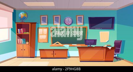 Back to school poster with empty classroom with teachers desk, green chalkboard and globe. Vector cartoon illustration of modern room for kids education with computer and tv screen on wall Stock Vector