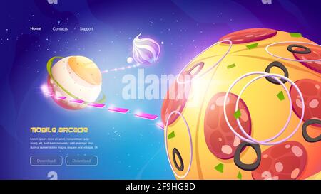 Funny mobile game website with food planets in outer space. 2d arcade videogame for play on phone. Vector landing page with cartoon galaxy and planets with, pizza, meringue and fried egg texture Stock Vector