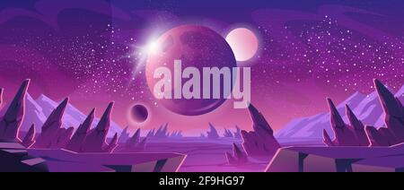 Space background with purple planet landscape, stars, satellites and alien planets in sky. Vector cartoon fantasy illustration of cosmos, cracked stone surface with rocks and mountains Stock Vector