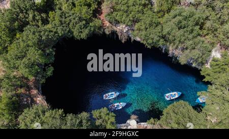 Lake and cave Melissani, aerial view, Kefalonia island, Ionian sea, Greece Stock Photo