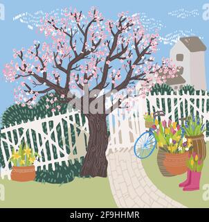 Sakura tree with blooming, spring season outside Stock Vector