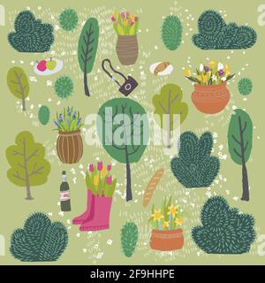 Nature in spring, park with trees and plants bush Stock Vector