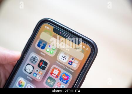 Bangkok, Thailand - April 16, 2021 : Close-up shot of the notch on iPhone 11 Pro. Stock Photo