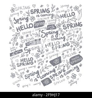 Hello spring, card with inscriptions and flowers Stock Vector