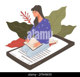 Copywriting and education, woman with notebook Stock Vector