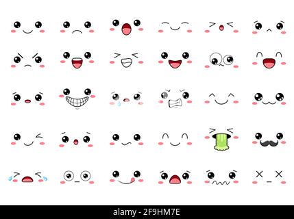 Collection of kawaii emoticons with different mood. Set of cute cartoon emoji faces in different expressions - happy, sad, cry, fear, crazy. On white Stock Vector