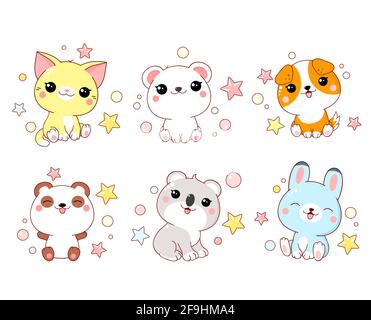 Set of cute animals  baby - polar bear, panda, dog, bunny, cat, koala in kawaii style. EPS8 Stock Vector