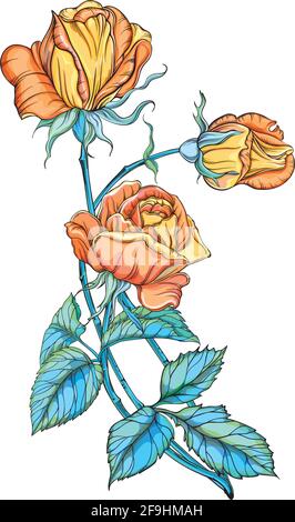 Three beautiful yellow roses isolated on the white background. Stock Vector