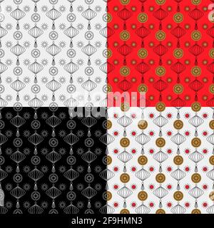 Set of seamless patterns wiht chinese paper lantern. Stock Vector