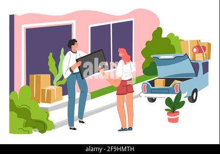 Moving out and transporting belongings by car Stock Vector