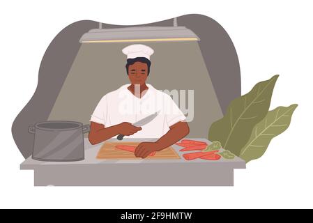 Chef cooking tasty dishes in kitchen of restaurant Stock Vector