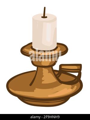 Candle on vintage metal candlestick with handle Stock Vector
