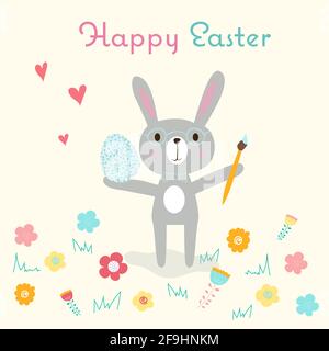 Happy Easter greeting card with an easter bunny in glasses, Easter painted egg and art brush surrounded by flowers and grass. Bright, funny, cute Stock Vector