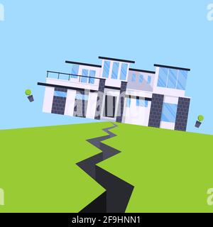 Earthquake house insurance concept flat style vector illustration. House jumping from earthquake and ground with the cracks. Natural disaster accident Stock Vector