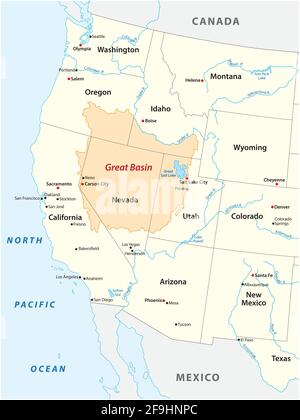 Vector map of the Great Basin in the western United States Stock Vector