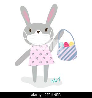 Funny cartoon grey rabbit with protective medical face mask holding basket with bright eggs. Happy easter stay home, stay safe, stay health greeting Stock Vector