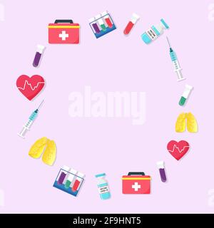 Simple neutral background for information on covid infection. Circle frame with medicine icons. Round design template for text, cards, banners Stock Vector