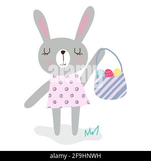 Clip art easter bunny in dress, easter painted egg and basket. Bright, funny, cute editable EPS 10 easter graphic illustration. For greeting cards Stock Vector