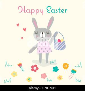 Happy Easter greeting card with an easter bunny girl in dress, painted eggs and a basket surrounded by flowers and grass. Bright, funny, cute editable Stock Vector