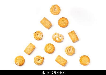 Danish butter cookies forming a Christmas tree, overhead flat lay shot Stock Photo