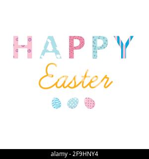 Nice colourful greeting card with text Happy Easter and painted eggs elements composition isolated on white background. Pastel colours. EPS10 vector Stock Vector