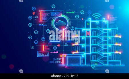 Building design concept. Engineering of autonomous system of smart building. Drafting of communications of house. Project development of apartment hou Stock Vector