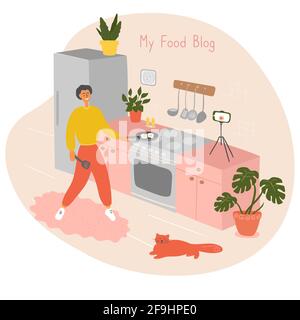 Food blogger prepare food in kitchen live. Video online cook tutorials. Man shares recipes with followers. Male influencer filming lesson on camera Stock Vector