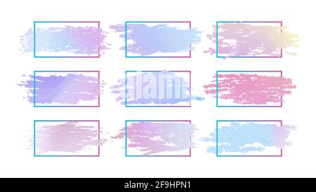 Gradient paint brush strokes set with geometric frames. Watercolor ink splashes. Vector illustration Stock Vector