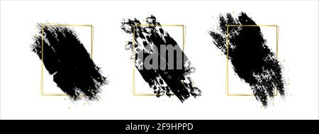 Black paint brush strokes set with golden frames. Ink brush blots. Vector illustration Stock Vector
