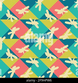 flying dragonflies on a colorful geo background Stock Vector