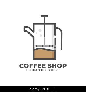 French press flat design logo vector illustration, coffee shop icon with outline style Stock Vector