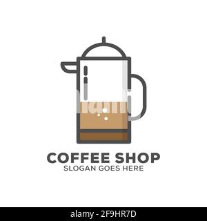 French press flat design logo vector illustration, coffee shop icon with outline style Stock Vector
