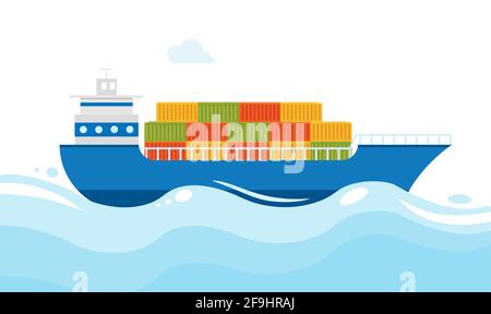 Sea transportation logistic. Cargo sea ships with cargo are sailing on ocean. Maritime shipping. Vector cartoon illustration on blue background. Stock Vector