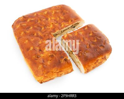 Fresh homemade meat pie isolated on white. Home backery Stock Photo