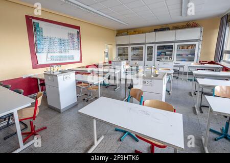 chemistry laboratories in science classroom interior of university college school empty Laboratory . Stock Photo