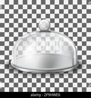 Cake stand with spherical glass cover dome isolated on transparent background. 3d realistic litchenware for dessert, template mockup. Vector illustrat Stock Vector