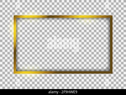 Luxury gold border with shadows isolated on transparent vector background. Glowing rectangle frame graphic mock up template. Stock Vector