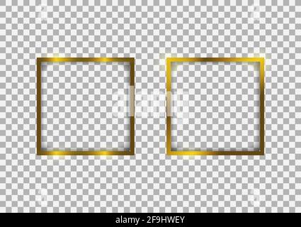 Luxury gold border with shadows isolated on transparent vector background. Two glowing square frame graphic mock up templates. Stock Vector