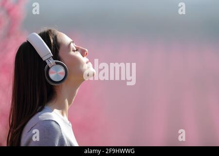 Profile of a woman meditating listening audio on wireless headphones in a pink field Stock Photo