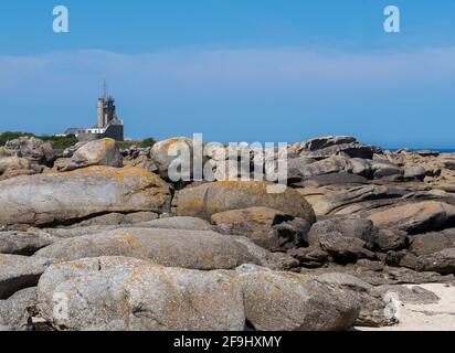The semaphore of Brignogan-Plage, rocky coast of northern Finistère in Brittany. Stock Photo