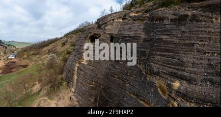 Kishartyán, Hungary - Aerial view about sandstone cave which located in the eastern part of Cserhát Mountains. Popular tourist destination. Hungarian Stock Photo