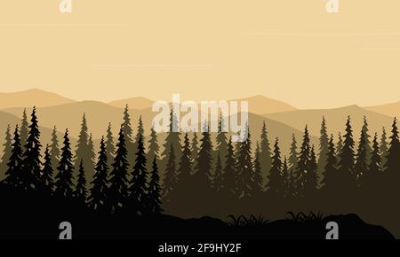 Realistic illustration of mountainous landscape with forest on bright mornings. Vector illustration of a city Stock Vector