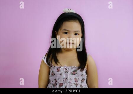 A half body shot of a cute young chubby Asian girl, looking straight at the camera, smiling slightly. Bright pink background. Stock Photo