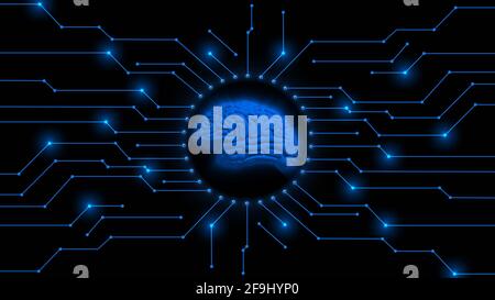 Human brain symbolic for AI Artificial Intelligence centered into information connecting lines - abstract cyber technology and automation concept Stock Photo